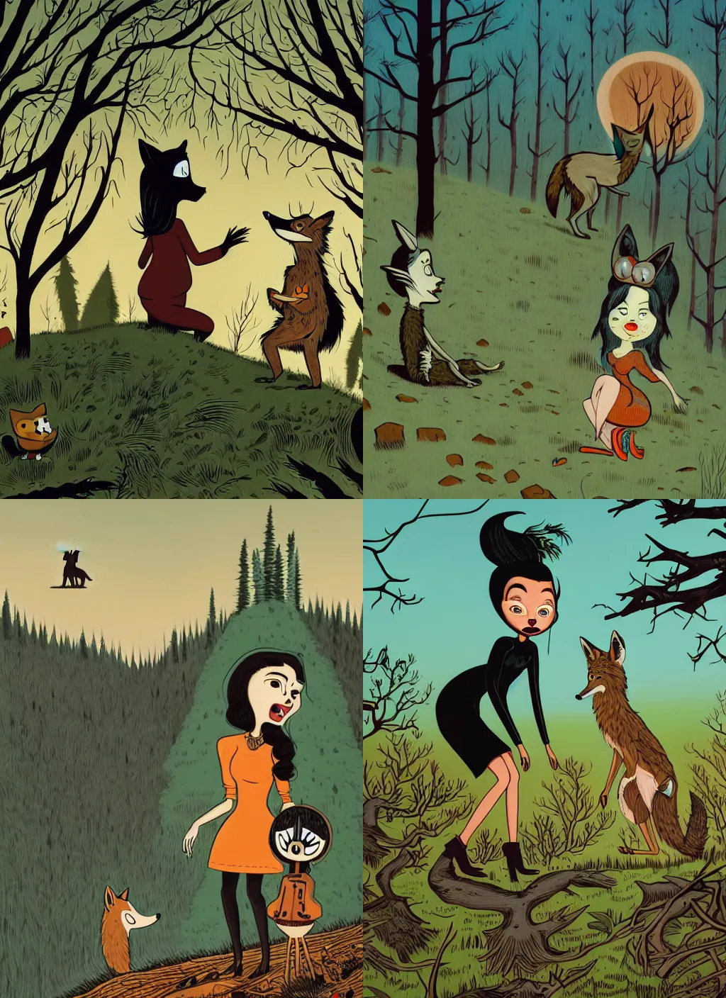 Prompt: a closeup of a young black haired woman talking with a coyote on the top of a forested hill. dynamic conversation, gary baseman, dan mumford, pedro correa, jon macnair, mad magazine, horror vacui, intricate detailed, looking straight into camera