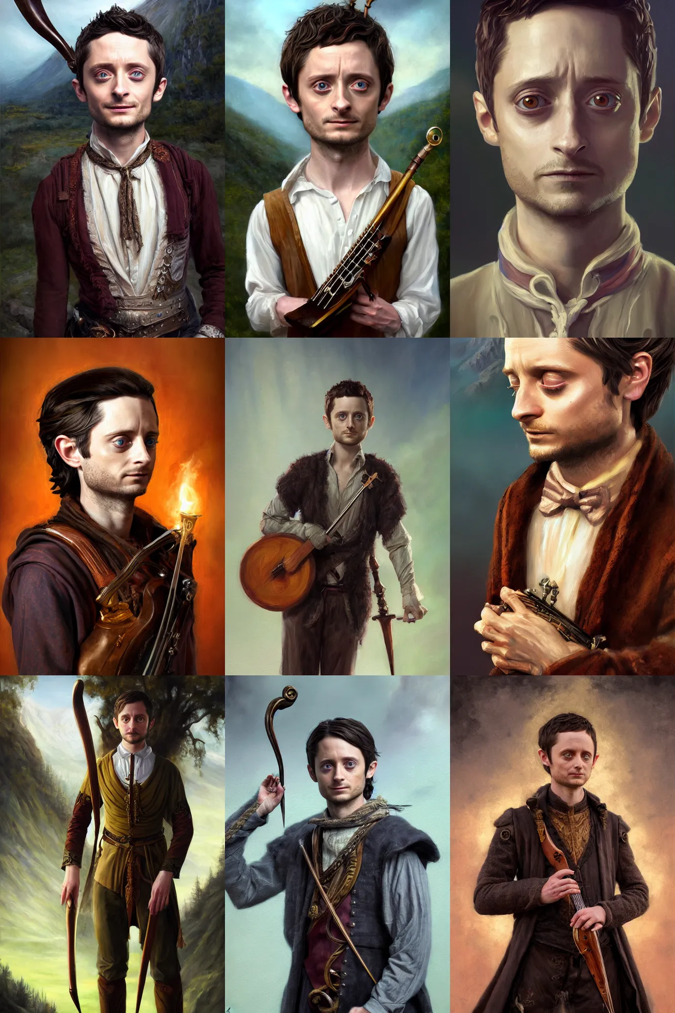 Prompt: a full body high detail fantasy portrait oil painting illustration of elijah wood as an elegant male bard by justin sweet with face and body clearly visible, in a scenic background, visible pupils, realistic proportions, d & d, rpg, forgotten realms, artstation trending, high quality, sombre mood, artstation trending, muted colours, entire person visible!