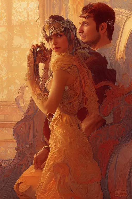 Image similar to portrait of tinfoil hat man in orange t - shirt behind his wife, feelings, romantic, fantasy, intricate, elegant, highly detailed, digital painting, artstation, concept art, smooth, sharp focus, illustration, art by artgerm and greg rutkowski and alphonse mucha