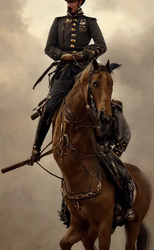 Prompt: portrait of a victorian general on horseback, wearing army uniform, male, detailed face, victorian, highly detailed, cinematic lighting, digital art painting by greg rutkowski