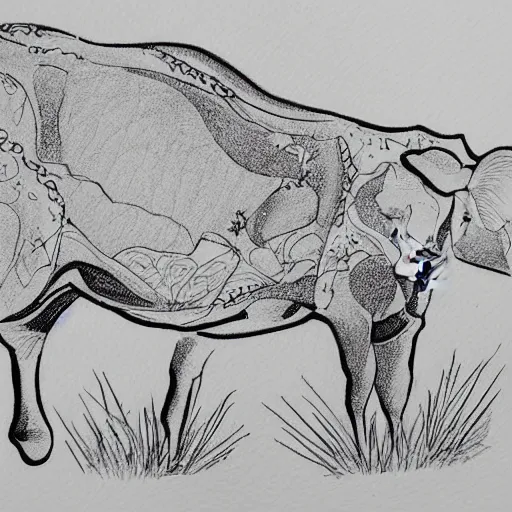 Image similar to a beautiful intricate line drawing of a cute calf running on a meadow