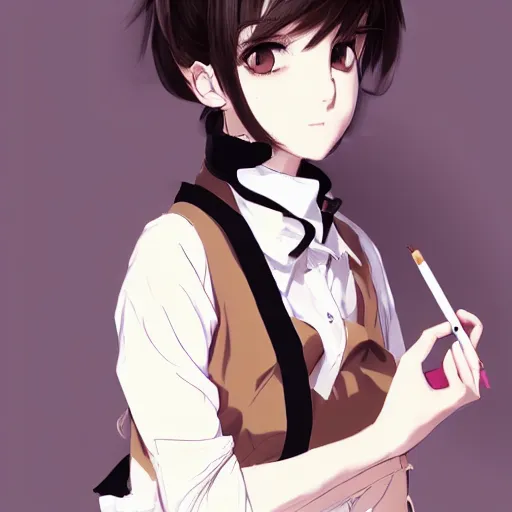 Image similar to portrait of a girl with short brown hair, wearing a white blouse and black choker, smoking a cigarette, drawn by WLOP, by Avetetsuya Studios, attractive character, colored sketch anime manga panel, unsaturated, dull colors, trending on Artstation