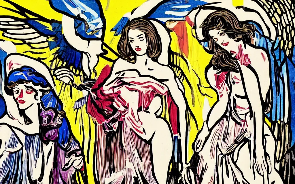 Prompt: vision of angels with a broken heart, trying to mend it with light by roy lichtenstein and marek okon, style of sumerian romantisism