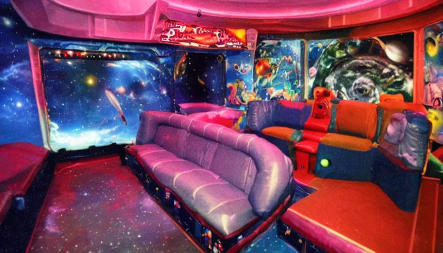 Image similar to 1990s photo of inside the Space Sofa ride at Universal Studios in Orlando, Florida, riding the flying sofa through space , cinematic, UHD