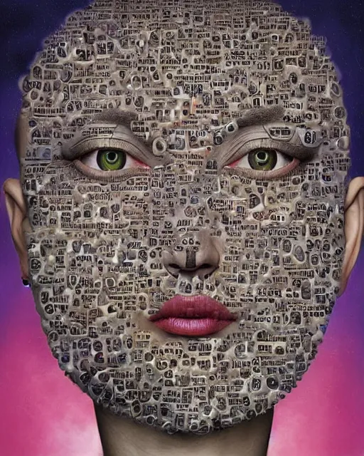 Image similar to mathematics themed surrealist art in the styles of igor morski, jim warren, and wangechi mutu, intricate, hyperrealistic, accurate facial details, profile picture with chromakey!!!!! background, volumetric lighting