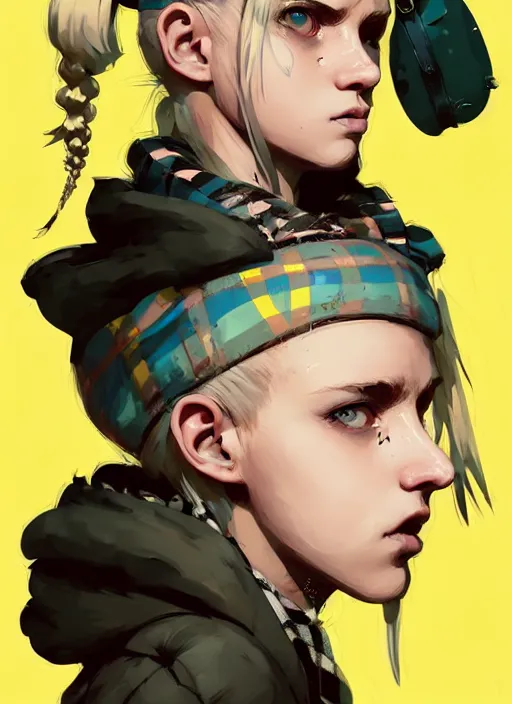 Image similar to highly detailed closeup portrait of a sewer punk pretty swedish female road warrior student, tartan garment, blonde hair pigtails with headband by atey ghailan, by greg rutkowski, by greg tocchini, by james gilleard, by joe fenton, by kaethe butcher, gradient yellow, black, brown and white color scheme, grunge aesthetic!!! white graffiti tag wall background