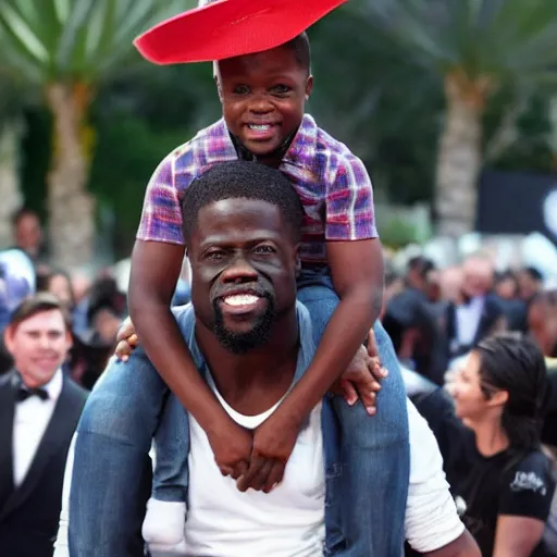 Image similar to dwayne johson carrying kevin hart on his shoulders like a father carries his son, kevin is wearing a hat with a propeller