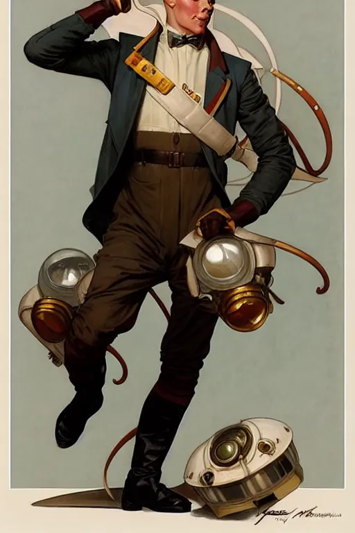 Image similar to leyendecker ( ( ( ( ( 2 0 5 0 s retro future boy super scientest in space pirate mechanics costume full portrait. muted colors. ) ) ) ) ) by jean - baptiste monge!!!!!!!!!!!!!!!!!!!!!!!!!!!!!!