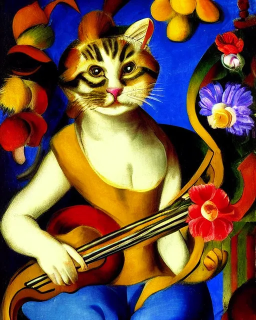 Prompt: baroque portrait of a anthropomorphic cat playing a lute, bright, garden with flowers, digital art, cubism, award winning, by franz marc