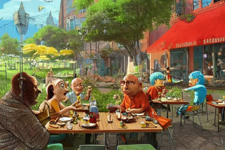 Image similar to 4 happy friends eating fish outside in a restaurant in the city, summer morning, very coherent and colorful high contrast, art by gediminas pranckevicius, geof darrow, dark shadows, hard lighting