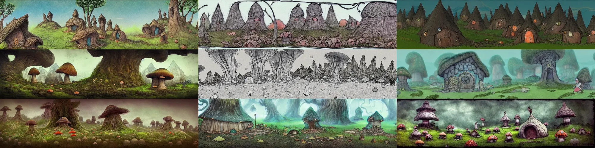 Prompt: “wide shot, concept art, trolls in a fairytale landscape with mushroom houses, in the style of John Bauer and wimmelbilder”