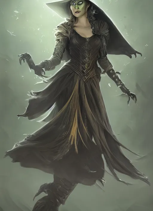 Image similar to beautiful female wicked witch, rebecca romijn as the wicked witch of the west, full body character concept, armor, super powers, fantasy, intricate, elegant, highly detailed, digital painting, artstation, concept art, shining, sharp focus, illustration, art by stanley lau