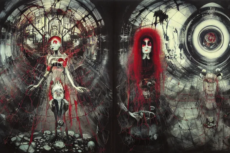 Image similar to Eventually even those who avoided the world were drawn into its madness. in a brutalist architecture space ship, gothic, rich deep colours, creepy, diabolical, dark, mystical, intrincate, maximalism, painted by Francis bacon, Adrian ghenie, James jean and Petra cortright part by Gerhard Richter, part by Takato Yamamoto. 8k masterpiece