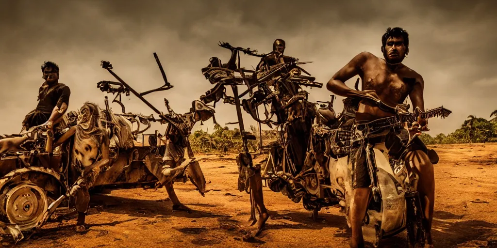 Image similar to sri lankan mad max style, guitar, film still, epic shot cinematography, rule of thirds