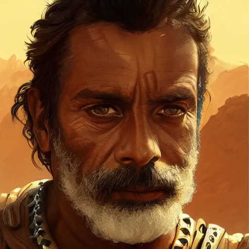 Prompt: male rugged bearded desert nomad warrior, alexander siddig, painted fantasy character portrait, D&D, highly detailed, digital painting, artstation, concept art, sharp focus, illustration, art by artgerm and greg rutkowski and alphonse mucha