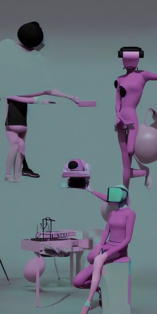 Prompt: 3d matte render, VR goggles, mannequins, dj rave party, Hsiao-Ron Cheng, pastel colors, hyper-realism, pastel, polkadots, minimal, simplistic, amazing composition, vaporwave, wow, Gertrude Abercrombie, Beeple, minimalistic graffiti masterpiece, minimalism, 3d abstract render overlayed, black background, psychedelic therapy, trending on ArtStation, ink splatters, pen lines, incredible detail, creative, positive energy, happy, unique, negative space, pure imagination painted by artgerm