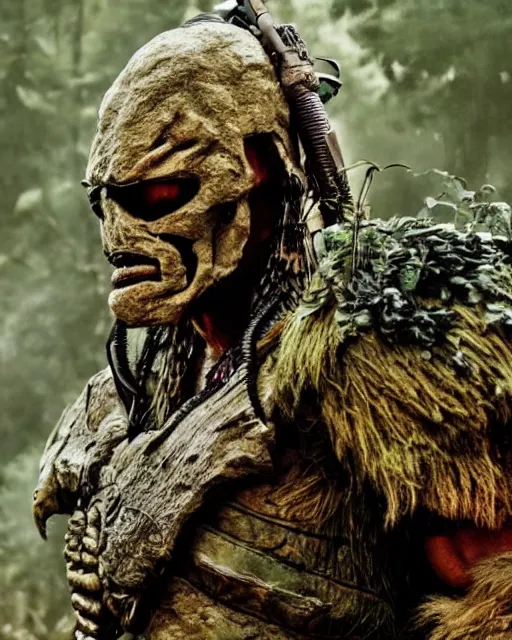 Image similar to cinematic, 4 k, full body portrait, rock golem as a soldier, on break smoking a cigarette, still from the movie predator