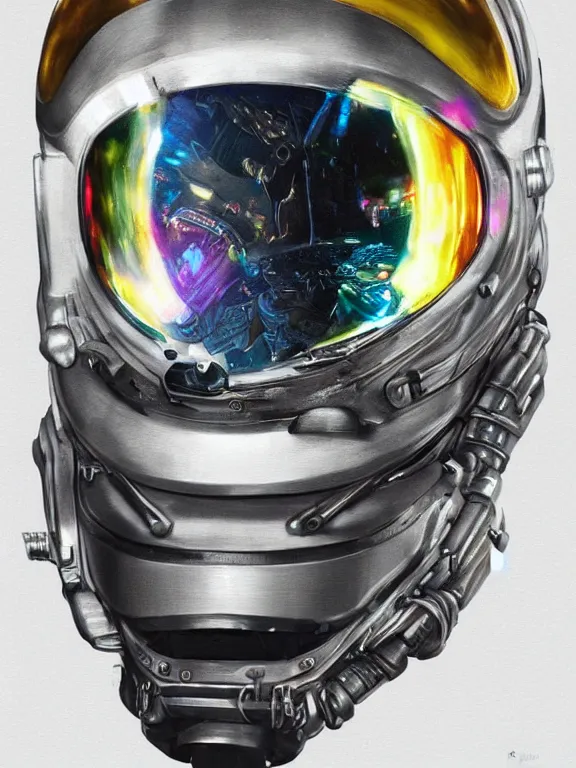 Image similar to portrait art of 8k ultra realistic retro futuristic astronaut , galaxy reflected helmet , detailed intricate ornate armour,blade runner, cybernetic, full of colour, cinematic lighting, battered, trending on artstation, 4k, hyperrealistic, focused, extreme details,unreal engine 5, cinematic, masterpiece, art by ayami kojima, giger