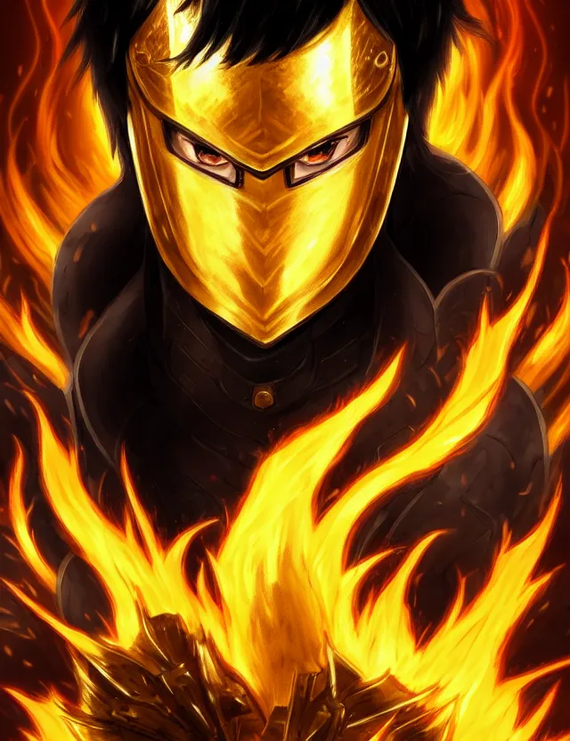 Image similar to a detailed manga portrait of a black haired man with hazel eyes in gleaming golden armour that burns with golden fire, trending on artstation, digital art, 4 k resolution, detailed, high quality, sharp focus, hq artwork, coherent, insane detail, character portrait