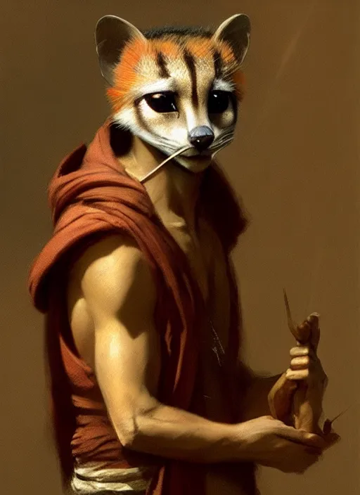 Image similar to a beautiful closeup shot from a fantasy film of a humanoid genet wearing a loose tunic. an anthropomorphic genet. portrait. joseph ducreux, greg rutkowski.