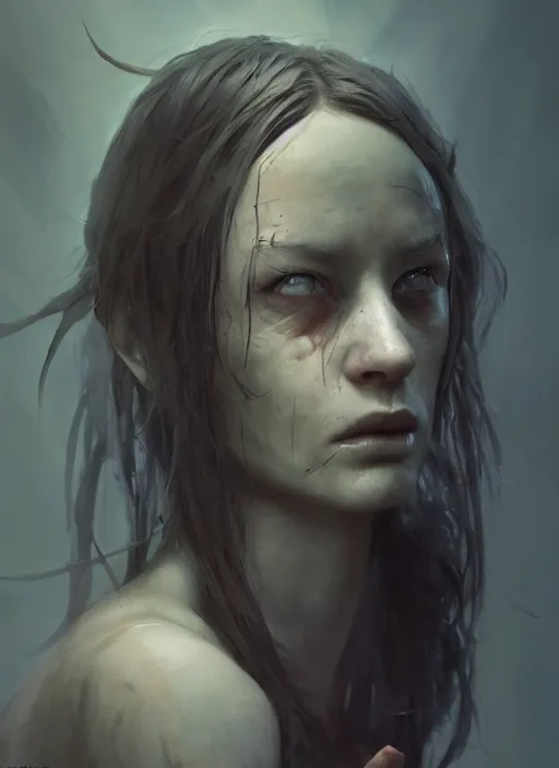 Prompt: portrait of sinister girl with thin evil lips, skeksis, battle worn, bandaged nose, expressive eyes, fullbody, translucent skin, procedural rendering, greg rutkowski, charlie bowater, yuumei, yanjun cheng, unreal 5, daz, hyperrealistic, octane render, rpg portrait, dynamic lighting, fantasy art, beautiful face