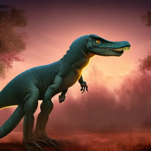 Image similar to Digital art of a somber dinosaur standing in the distance in the style of Dark Naturalism, Jungle Grunge, twilight, glows, detailed,