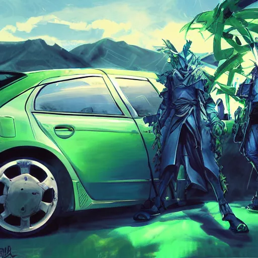 Image similar to blue knight in a green hatchback car, close up, anime, desert landscape, greg manchess, akehiko inoue and ross tran, Pyromallis Nekro Rene Margitte