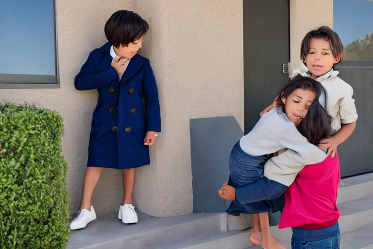 Prompt: two children stacked on top of one another in a trenchcoat buying a los angeles mansion from a real estate agent