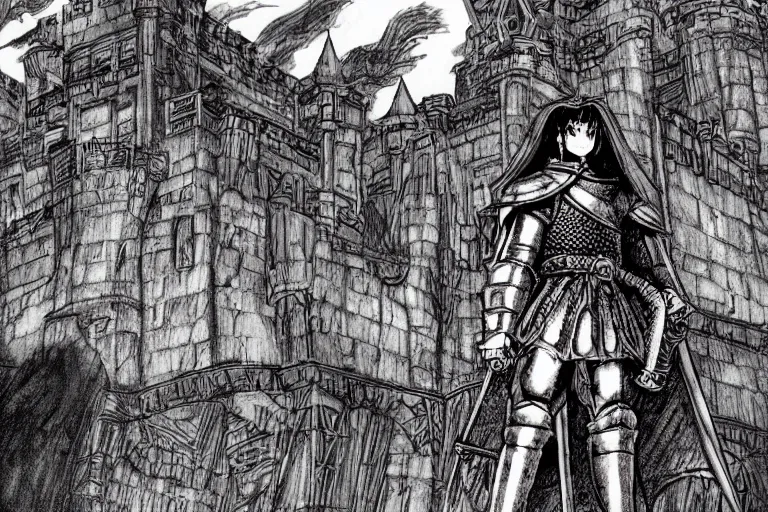 Image similar to A confident male knight standing in front of a giant fantasy castle in the style of Overlord by studio madhouse and berserker by Kentaro Miura, in full colour, zoomed out, low perspective, anime style