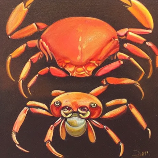 Prompt: A oil painting of an ancient crab deity devouring souls, dark, gruesome, mysterious frightening