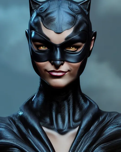 Image similar to catwoman, accurate details, detailed face, dramatic, intricate, elegant, highly detailed, digital painting, artstation, concept art, sharp focus, illustration, art by Gustave Dore, octane render