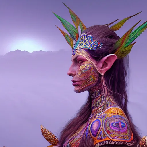 Image similar to fantasy art, highly detailed, beautiful, surreal, ayahuasca shaman, smooth, trending on artstation, beautiful, serene, meditating, digital art, prismatic, light diffusion, digital art, smooth render, octane render, dmt, ascending, breakthrough, elven, pearlescent by moebius