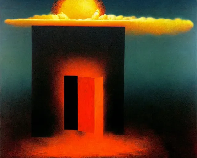 Image similar to fire painting by magritte and beksinski.