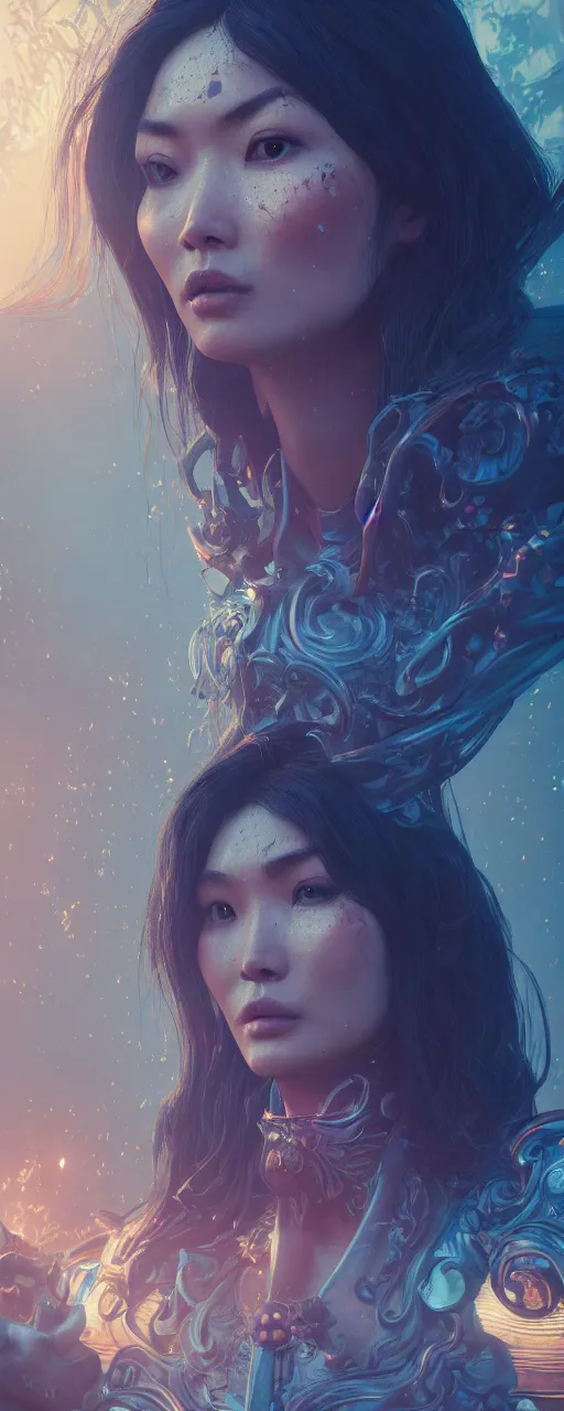 Image similar to portrait of gemma chan tavern bard, surrealistic, intricate face, crazy expression, sweat, narrow dark streets with exotic dancers, vaporwave aesthetics, 8 k uhd, unreal engine, octane render in the artstyle of finnian macmanus, john park and greg rutkowski