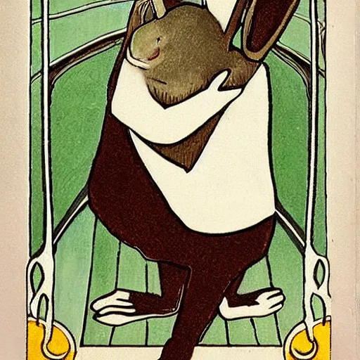 Image similar to a rabbit holding an iphone, art nouveau