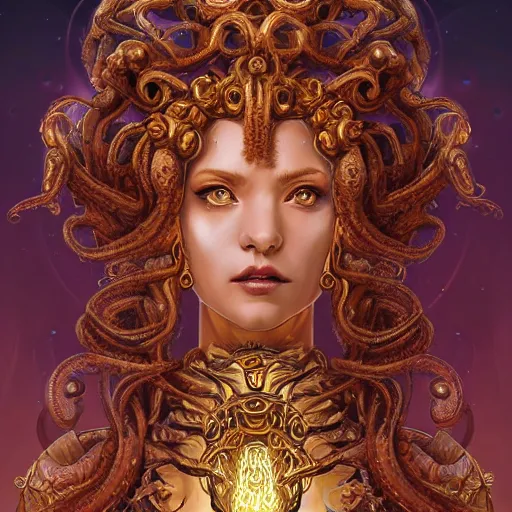 Image similar to ultradetailed ornate sci-fi RPG illustration of a beautiful symmetric Medusa radiating a glowing aura wearing a roots flower armor with much decorum, digital airbrush painting, 3d rim light, hyperrealistic masterpiece, artstation, cgsociety, kodakchrome, golden ratio