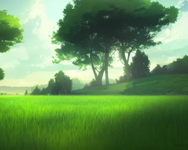 Image similar to a green field, official media, illustrated by wlop, extremely detailed, 8 k, trending on pixiv, cinematic lighting, beautiful