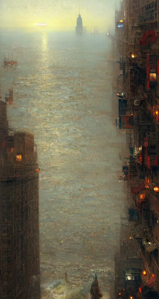 Prompt: the sea flooding the entire city of modern new york. you can see the water entering buildings highly detailed painting by gaston bussiere, craig mullins, j. c. leyendecker