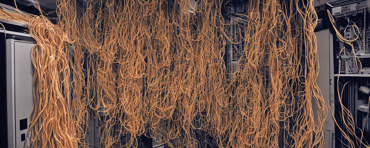 Image similar to a large computer server room overflowing with spaghetti, canon 5 0 mm, cinematic lighting, photography, retro, film, kodachrome, closeup