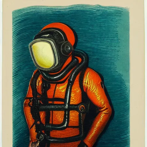 Image similar to ghost scuba diver wearing copper four light, twelve bolt diving helmet, heavy diving gear, emerging from the ocean at night in the style of ghost of captain cutler