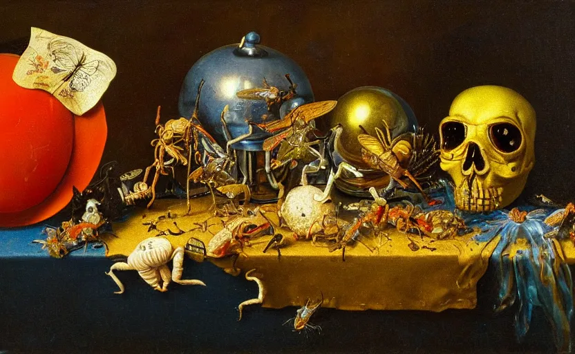 Prompt: disturbing colorful oil painting dutch golden age vanitas still life with bizarre objects strange gooey surfaces wet shiny metal bizarre insects rachel ruysch dali todd schorr very detailed perfect composition rule of thirds masterpiece canon 5 0 mm, cinematic lighting, photography, retro, film, kodachrome