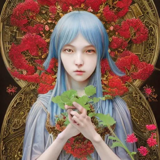 Image similar to breathtaking detailed concept art painting of the goddess of nemophila flowers, orthodox saint, with anxious, piercing eyes, ornate background, amalgamation of leaves and flowers, by Hsiao-Ron Cheng, James jean, Miho Hirano, Hayao Miyazaki, extremely moody lighting, 8K