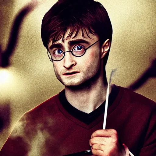 Image similar to daniel radcliffe as harry potter, smoking a fat blunt, accurate face, smoke cloud, photorealistic, cinematic lighting