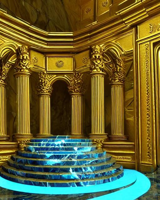 Image similar to scientifically realistic render scifi gold staircase to royal temple carved out of marble skeleton and blue gems and cyan crystal rendered in octane