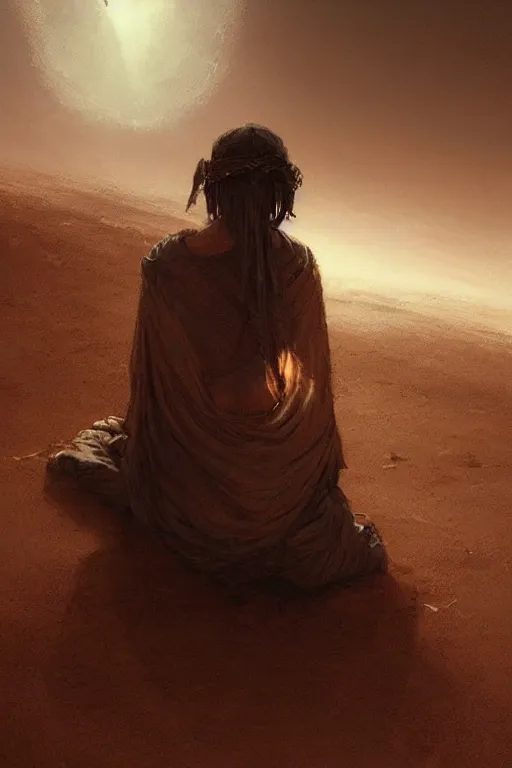 Image similar to lonely wanderer sitting at lap praying in desert, lit by the light of gods, abandoned by gods, hyperdetailed artstation cgsociety by greg rutkowski and by Gustave Dore