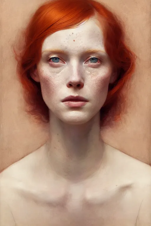 Image similar to of beautiful redhead female, beauty portrait by greg rutkowski, hilma af klint, moebius, victo ngai, sharp focus, global illumination, highly detailed, masterpiece, award winning, post processing