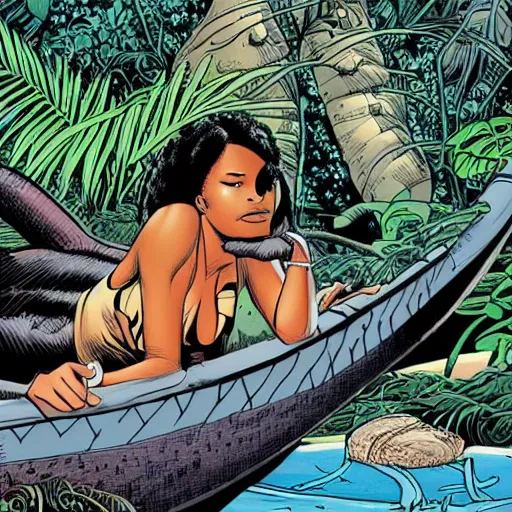 Prompt: a black woman lying down in a canoe that is floating down a river on an alien planet. In the background and surroundings is a lush alien jungle, graphic novel, art by Chris Bachalo and John Cassaday,