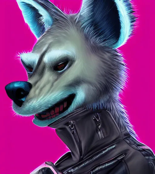 Image similar to digital painting of anthromorphic hyena female smoking cigarrete, fursona, furry fandom, furaffinity, neon rainy cyberpunk setting, anthro, wearing cyberpunk leather jacket, detailed face, blade runner, zootopia style,