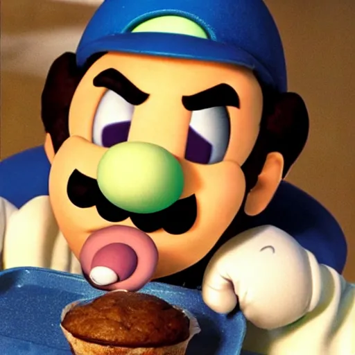 Image similar to luigi eating a muffin