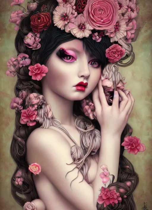 Image similar to pop surrealism, lowbrow art, realistic seductive cute woman painting, long hair, japanese shibari with flowers, hyper realism, muted colours, rococo, natalie shau, loreta lux, tom bagshaw, mark ryden, trevor brown style,